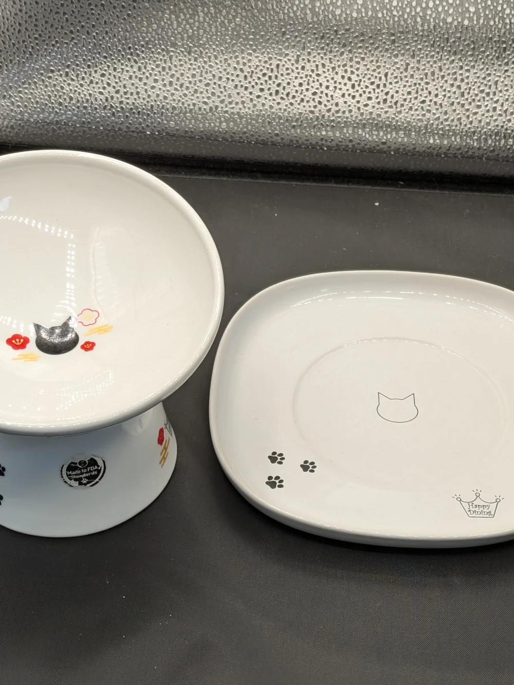 Ceramic Pet Bowl and Tray Set - White with Paw Print Design